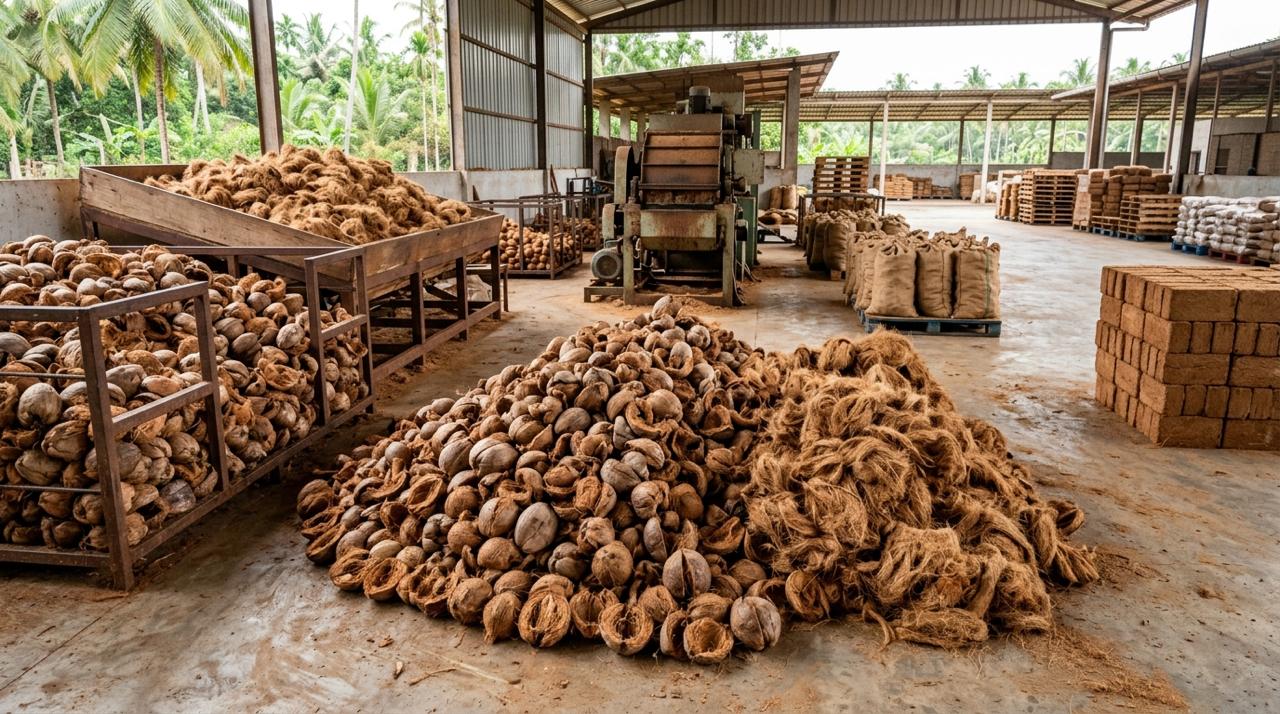 Coir and coconut husk processing in Kerala, India