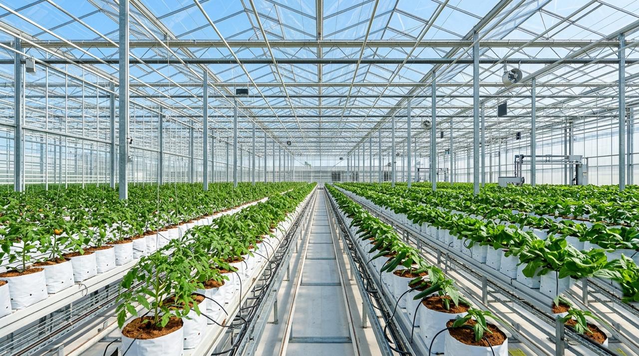 Commercial greenhouse growing on coir substrate