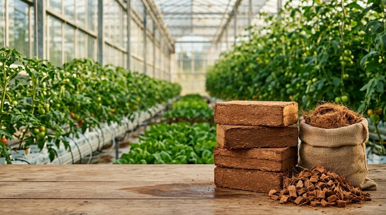 Coco peat blocks and coir fibre in a commercial greenhouse