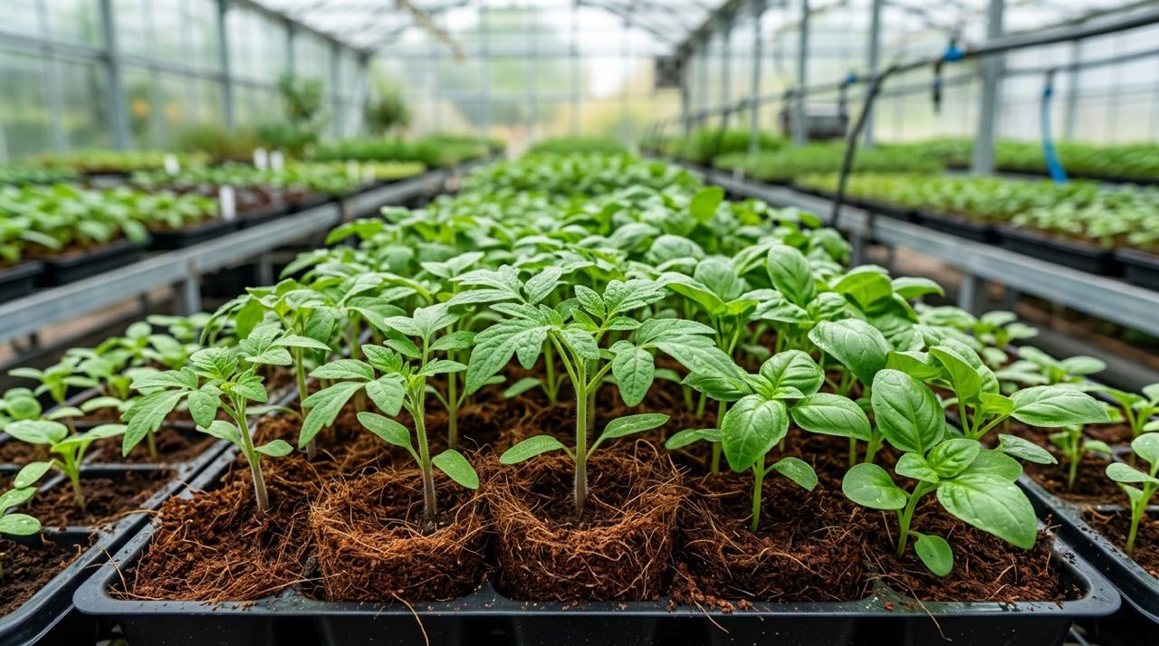 Seedlings raised in coir plugs in a greenhouse